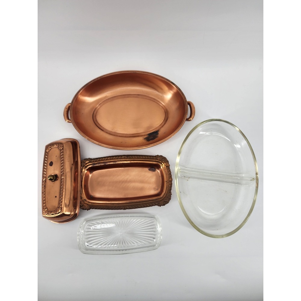 Vintage‎ Copper Divided Serving Dish with Glass Insert and Small Copper Tray Set